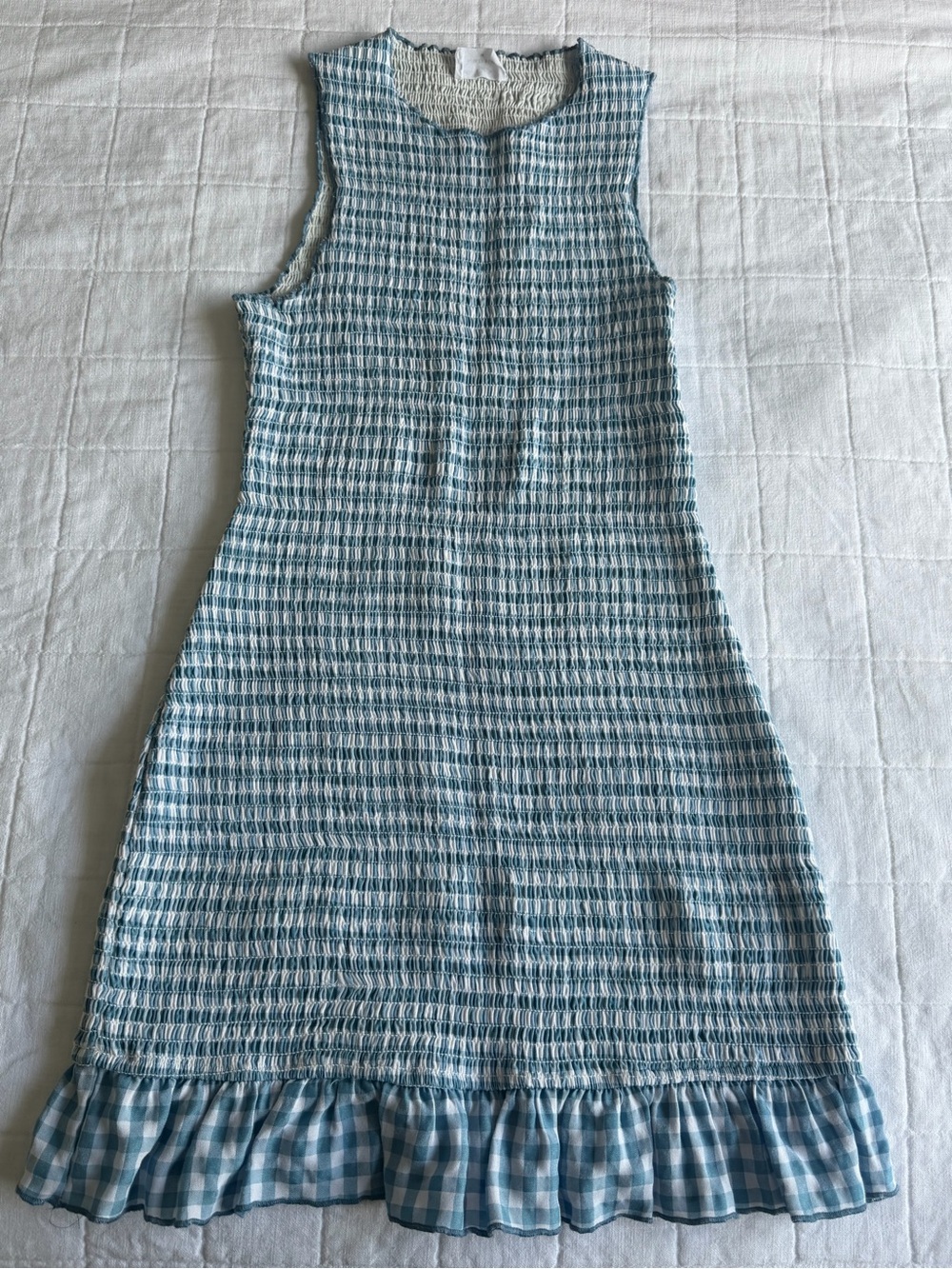 Sleeveless Mini Dress in Light Blue Gingham with Ruffle Hem